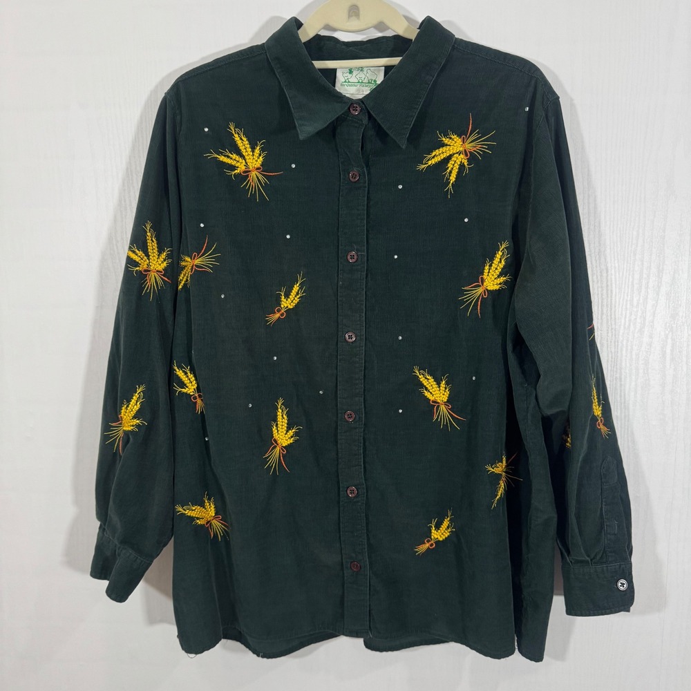 The Quacker‎ Factory Women Corduroy Embroidered Shirt Wheat Rhinestone Size 1X